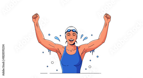 Cartoon swimmer raises arms in victory water splashes around her