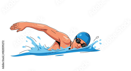 Cartoon swimmer with blue cap  goggles midstroke water splashing around them