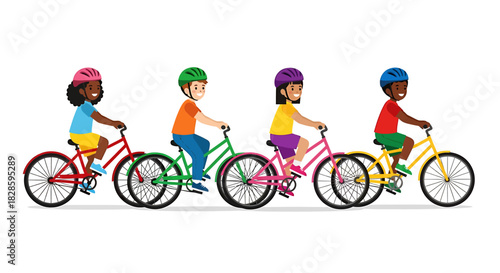 Joyful illustration of a diverse group of four happy children, each wearing a protective helmet, actively riding their colorful bicycles in a line, promoting active outdoor fun and safety