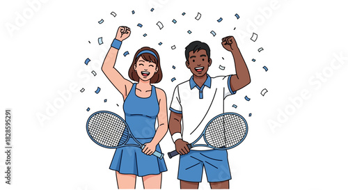 Cheering tennis players stand amid confetti a woman in blue  a man in white raise their fists in celebration