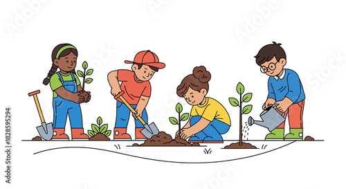 A group of diverse children working together to plant young trees, promoting environmental conservation and teamwork