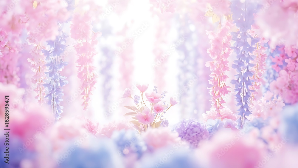 Naklejka premium Dreamy pastel wisteria flowers illuminated by soft light