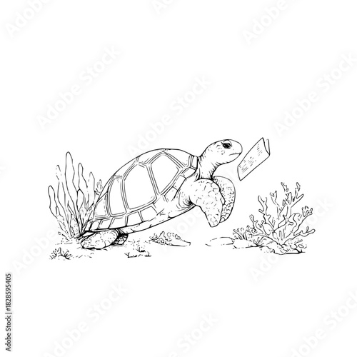 Sea turtle ocean life marine animal underwater wildlife drawing illustration outline black and white sketch image