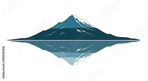 Abstract vector illustration of a majestic blue mountain with a snowy peak, perfectly reflected in calm, still water on a white background
