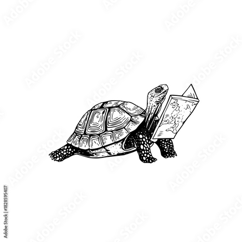 Turtle reading map animal tortoise shell reptile slow travel adventure wildlife nature journey wanderlust guide book