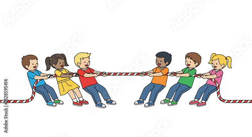 A vibrant illustration of six diverse children in a classic tug of war match, showcasing strength and unity