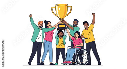 Diverse group celebrating raising a golden trophy with joy and inclusivity