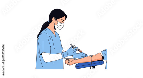 Healthcare worker in personal protective equipment performing a venipuncture, skillfully drawing blood from a patient's arm for medical diagnostic purposes and laboratory analysis