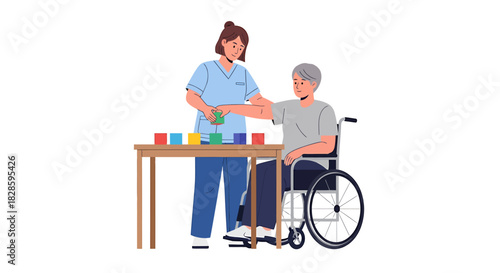 Therapist Assisting Senior Patient with Physical Therapy Using Colorful Blocks in a Clinic