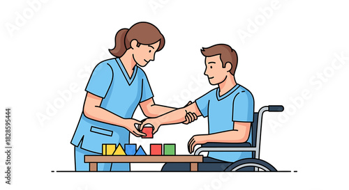 A dedicated occupational therapist assists a patient in a wheelchair with fine motor skills exercises using colorful building blocks