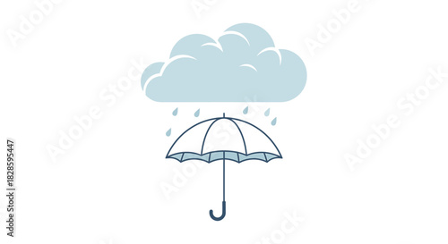 Minimalist blue icon of an open umbrella providing shelter from a raining cloud, symbolizing protection and weather