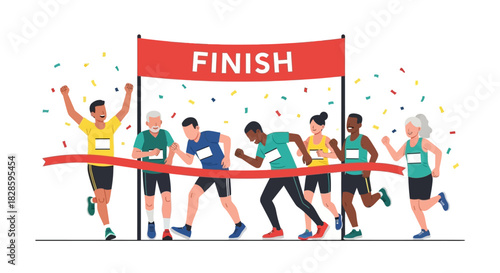Diverse runners cross a finish line under a FINISH banner with confetti