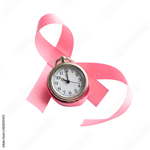 Pink ribbon and pocket watch isolated on transparent background for breast cancer