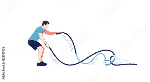 Exercising person waving ropes in squat posture