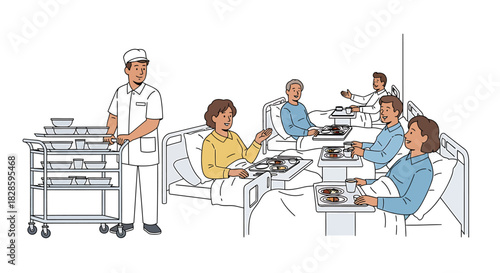 Illustration of a nurse serving meals to patients in a hospital ward, showcasing daily medical care and recovery