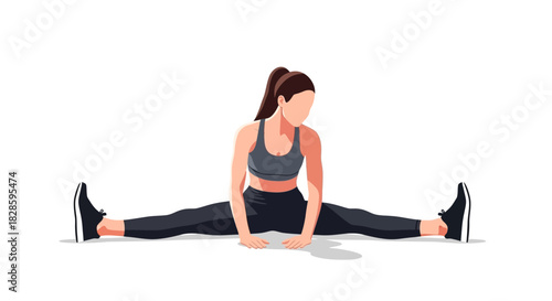 Faceless woman in sportswear doing the splits on a white surface