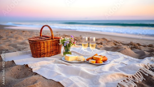 Luxury beach picnic setup at sunset with champagne, cheese and wildflowers
