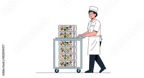 Vector illustration of a professional food service worker pushing a catering cart with prepared meals in containers