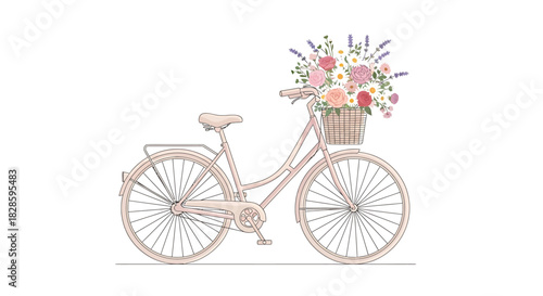 Romantic pastel pink bicycle with a lush bouquet of fresh spring flowers in the front basket, isolated on a white background