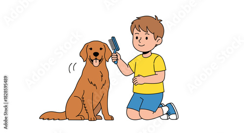 A young boy tenderly grooming his happy golden retriever dog with a brush, illustrating a heartwarming moment of pet care and companionship