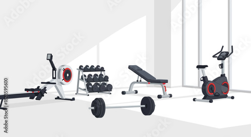 Gym scene rowing machine dumbbells bench press weights exercise bike against a light wall and window