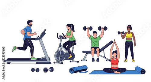 Gymgoers work out running cycling lifting weights  yoga on mats