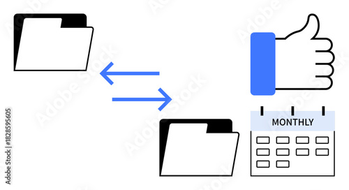 File sharing. File sharing and task scheduling illustrated with folder icons, arrows, calendar, and thumbs-up icon. File sharing supporting workflow, collaboration, time management, planning