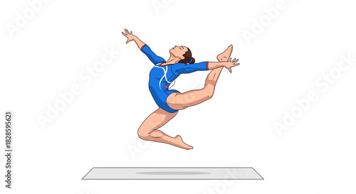 Gymnast in blue leotard midair one leg raised landing mat below against white