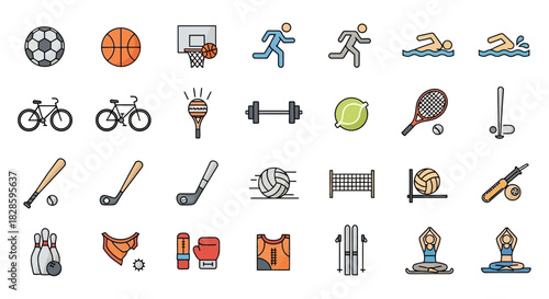 Icons depicting various sports activities  equipment in a neat organized display