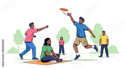Illustrated group outdoors one reaching for a frisbee in the park