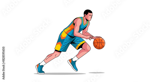 Illustration of a basketball player dribbling wearing a colorful jersey and shorts set against a plain white background