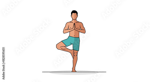 Man in tree pose standing on one leg hands in prayer position