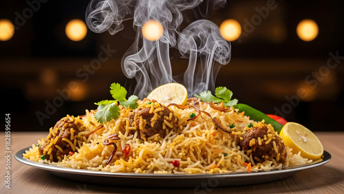 Steaming chicken biryani garnished with lemon and mint on a plate