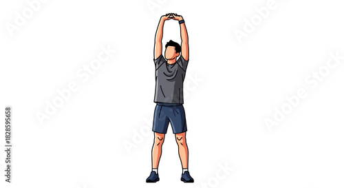 Man in workout clothes stretching upward gray shirt blue shorts arms raised