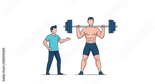 Man lifts barbell with coach beside him minimalist illustration