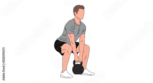 Man squatting holding a kettlebell wearing shorts tshirt  sneakers