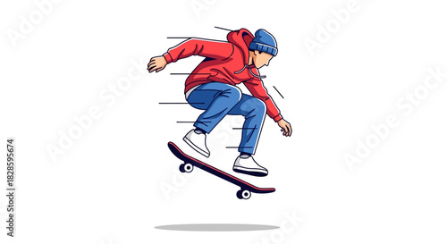 Man on a skateboard midair wearing a red hoodie and blue beanie