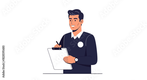 Man writing on clipboard Wears a watch and a dark sweater with a white circle patch on the left side of the chest