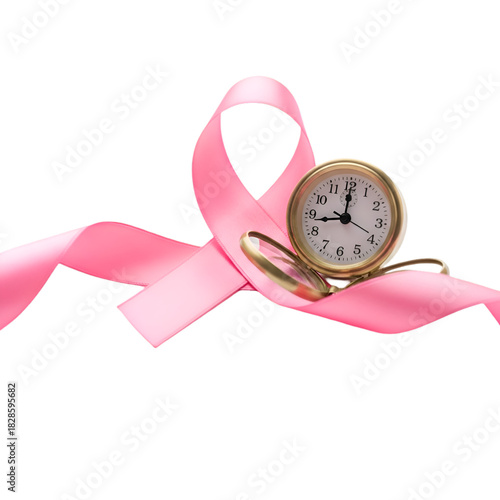 Pink ribbon and clock isolated on transparent background for breast cancer awareness