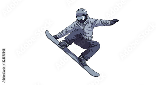 Snowboarder airborne wearing helmet  goggles grey clothing snowboard white background