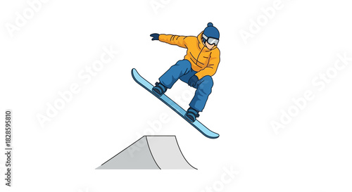 Snowboarder midair after ramp jump wearing yellow jacket