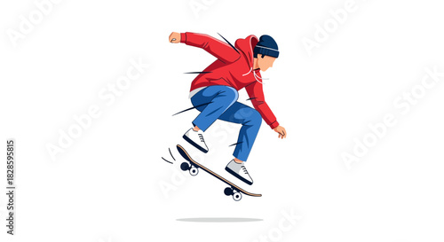 Skateboarder in red hoodie blue pants black beanie white shoes midair