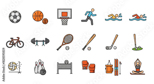 Sports equipment icons depicted in a flat vector style