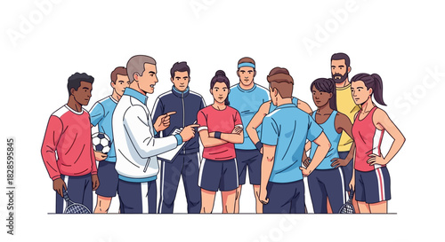 Sports team listening to coach players  coach surround each other varied uniforms diverse ethnicities casual setting