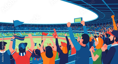 Stadium crowd cheers with flags foam finger and raised arms at a field in an outdoor arena