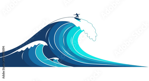 Surfer silhouetted on blue cartoon wave with white froth against a clear backdrop