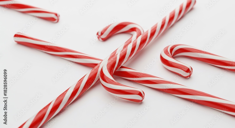 Fototapeta premium 白い背景に鮮やかな赤と白の縞模様が目を引くキャンディケイン複数本がお祝い気分を盛り上げるように無造作に散らばり甘くて楽しい冬のホリデーシーズンを象徴する魅力的なお菓子. AI Generated