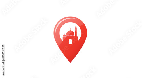 Red location pin icon with mosque silhouette inside, symbolizing religious destination or travel.