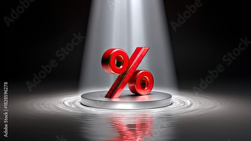 Percentage Symbol Spotlight: A red percentage symbol, illuminated by a spotlight, stands on a sleek platform, radiating financial concepts