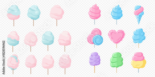 A collection of colorful cotton candy illustrations in various shapes and sizes, including pink, blue, purple, green, and yellow, on sticks.